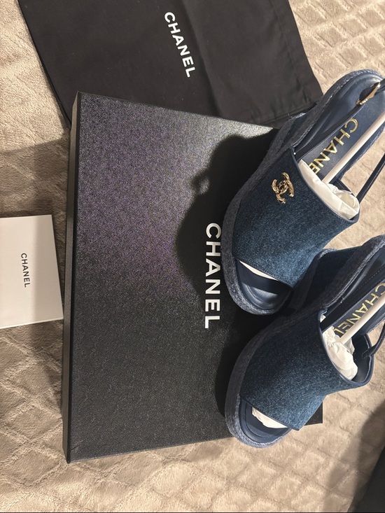 CHANEL Shoes - CHANEL Denim Navy Open-Toe CC Logo Wedge Sandals